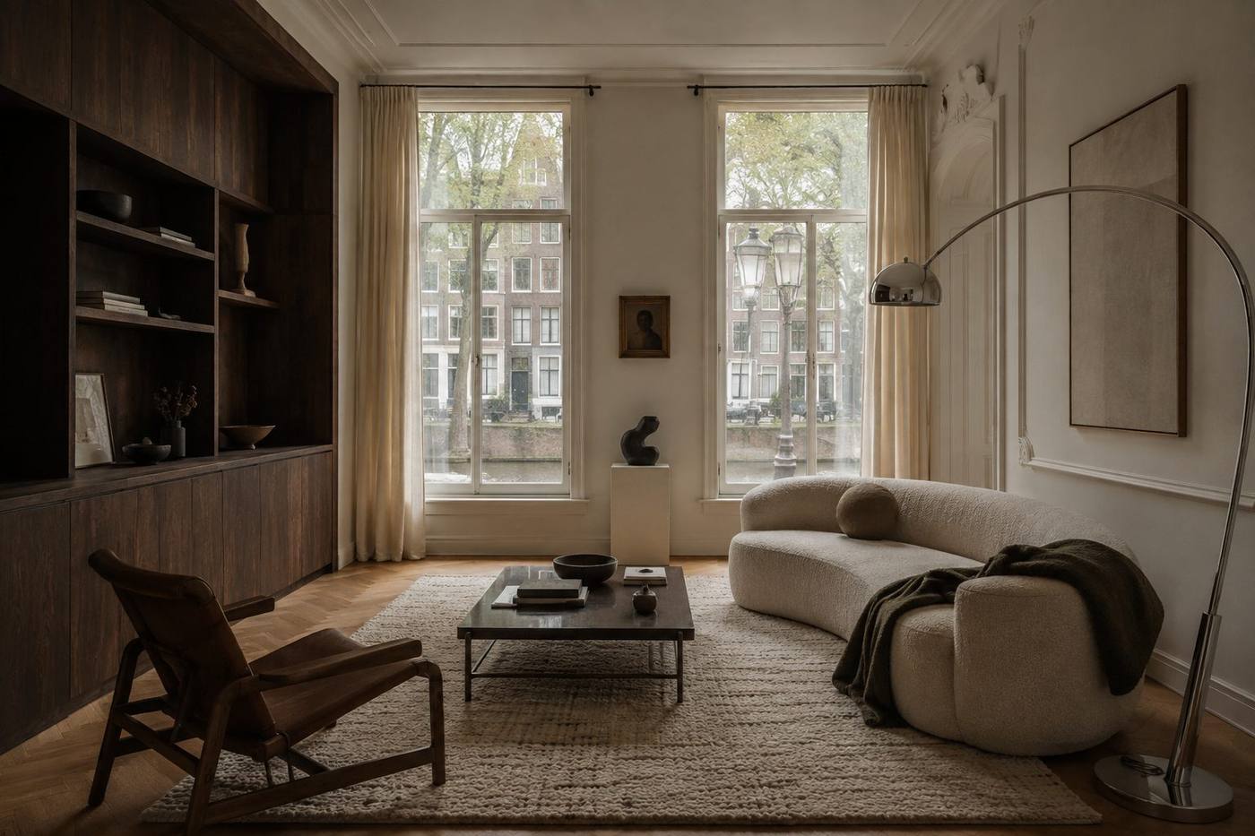 Woonkamer in warm minimalisme met donkerhouten kastenwand, gebogen witte bank en booglamp bij een grachtraam