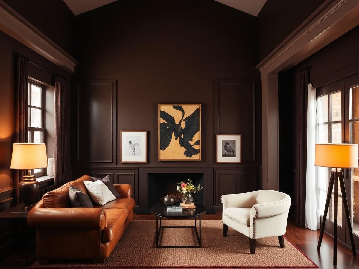 Woonkamer met espressobruine wanden en caramel leren bank