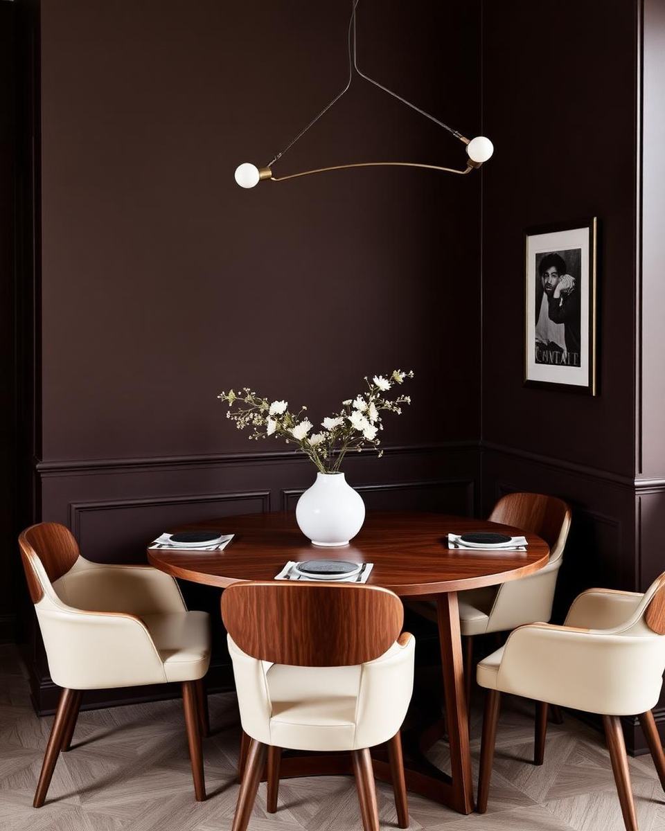 Eethoek met mokkakleurige wand, notenhouten tafel en crème stoelen