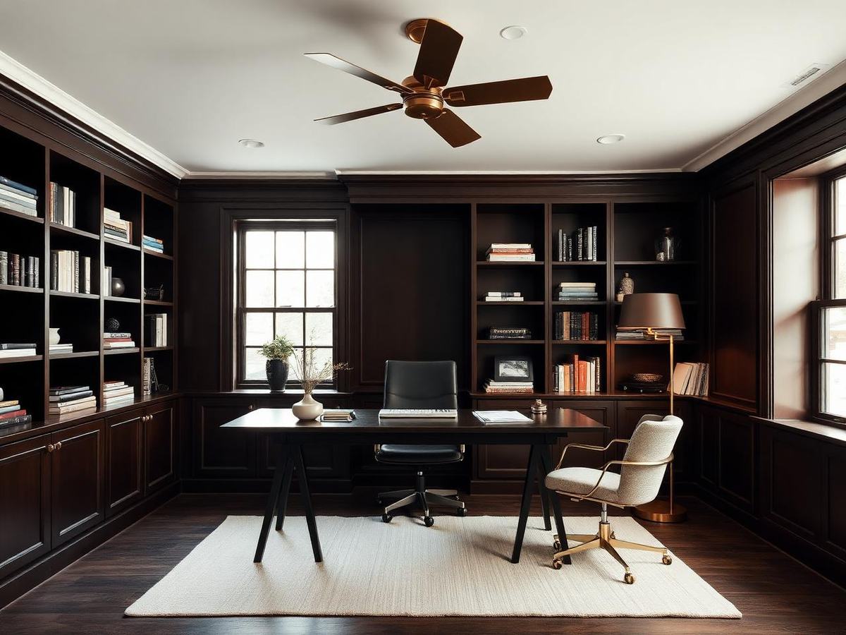Werkkamer met chocoladebruine boekenwand en messing lamp
