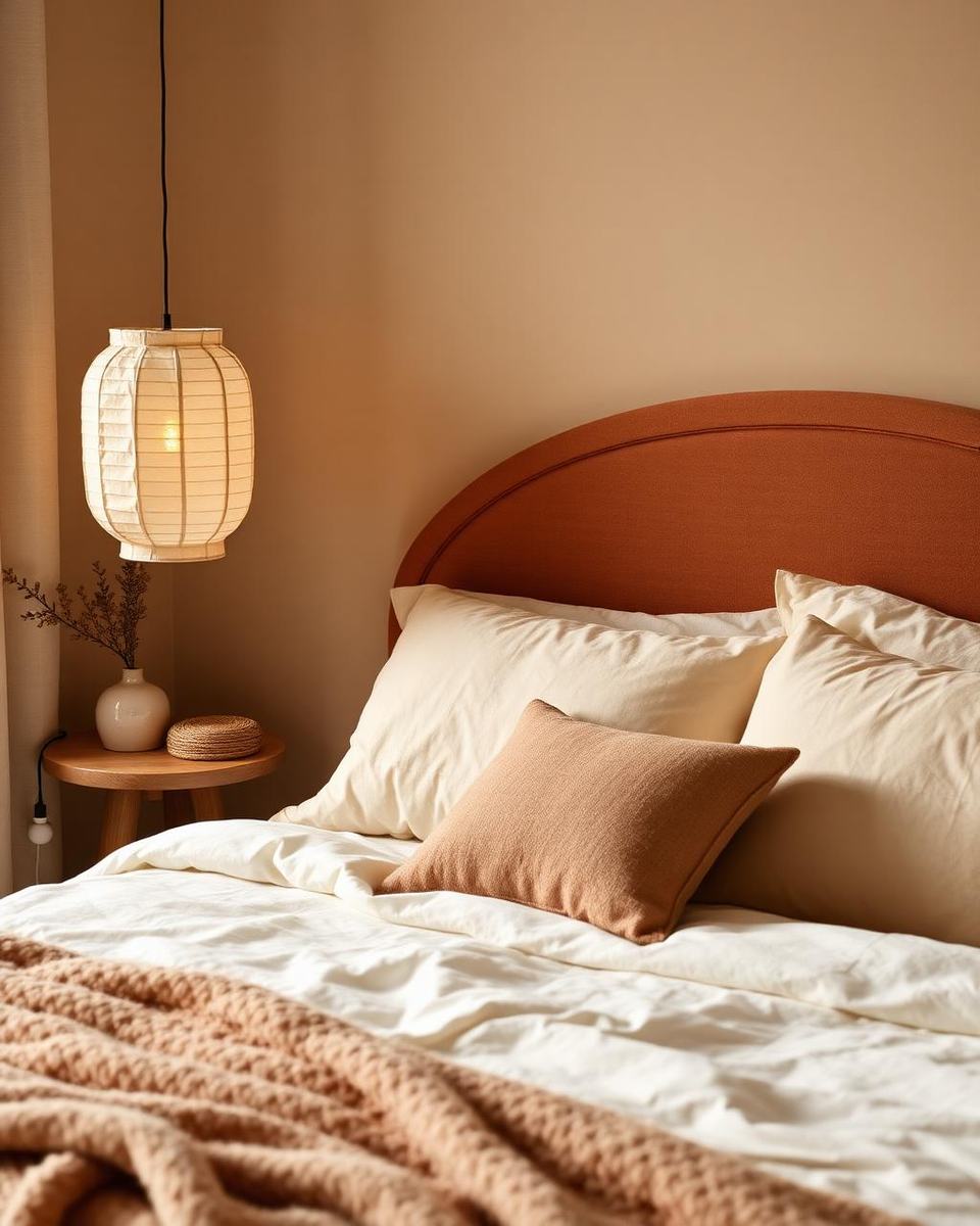 Slaapkamer met gebogen hoofdbord en papieren lamp