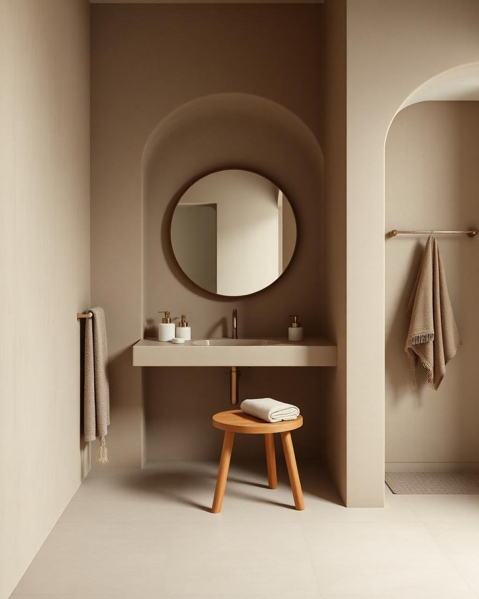 Badkamer met microcement in zandtint, ronde spiegel en houten kruk