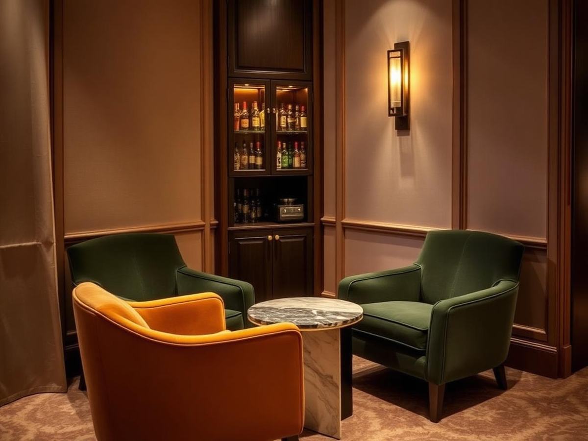 Loungehoek met velours fauteuils en verborgen barkast
