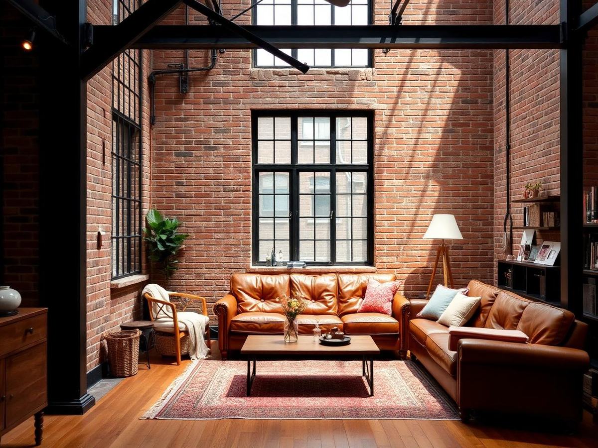 Loft met bakstenen muur, stalen ramen en cognac leren bank