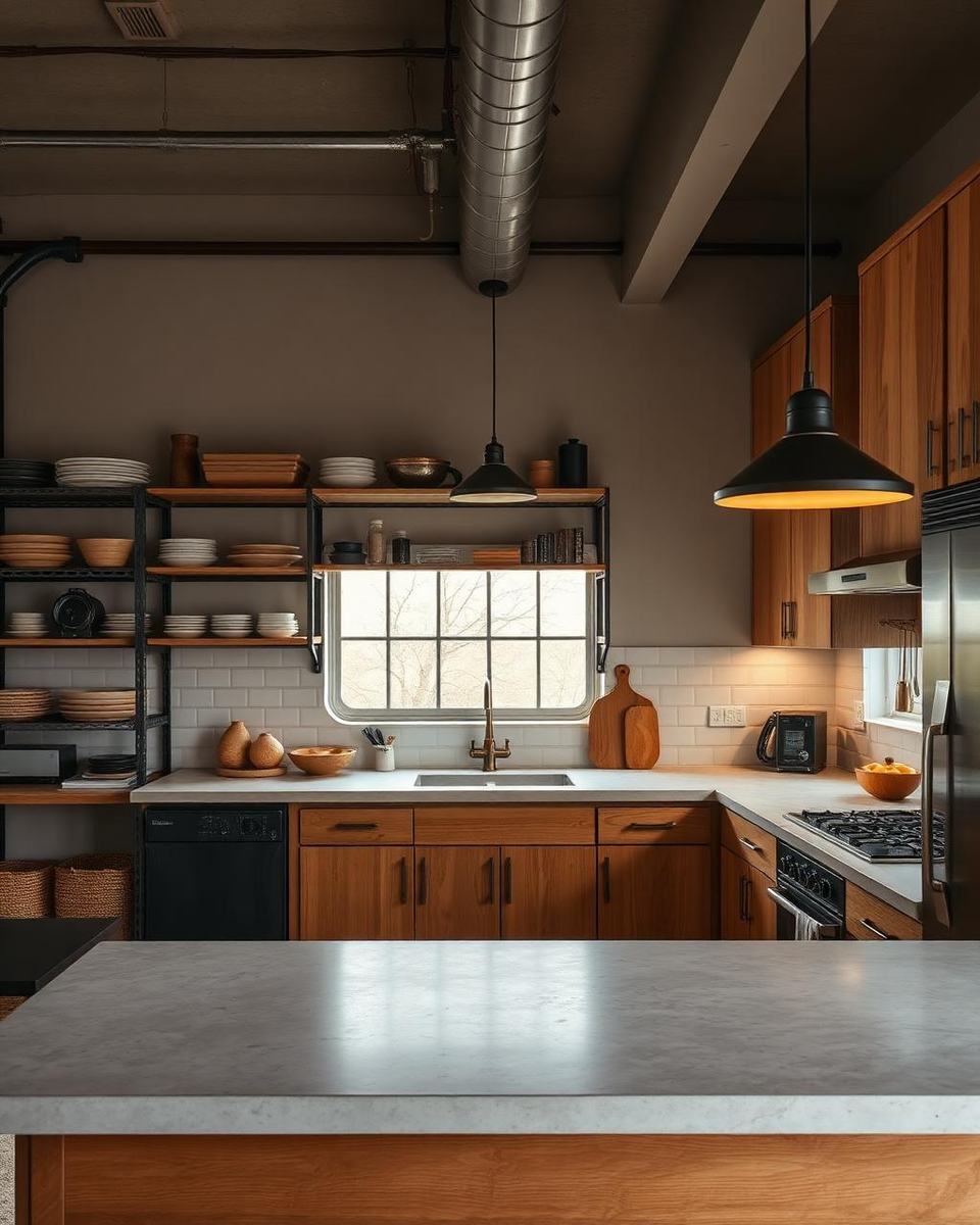 Keuken met stalen schappen, betonnen blad en warme houten kasten