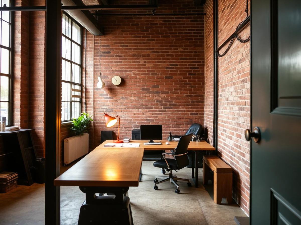 Werkplek met stalen taatspui, houten bureau en bakstenen wand