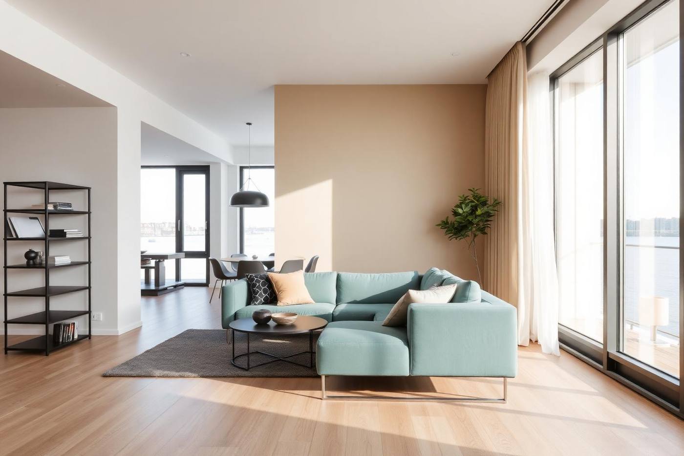 Nieuwbouwappartement met raampartij tot de vloer en zeegroene bank