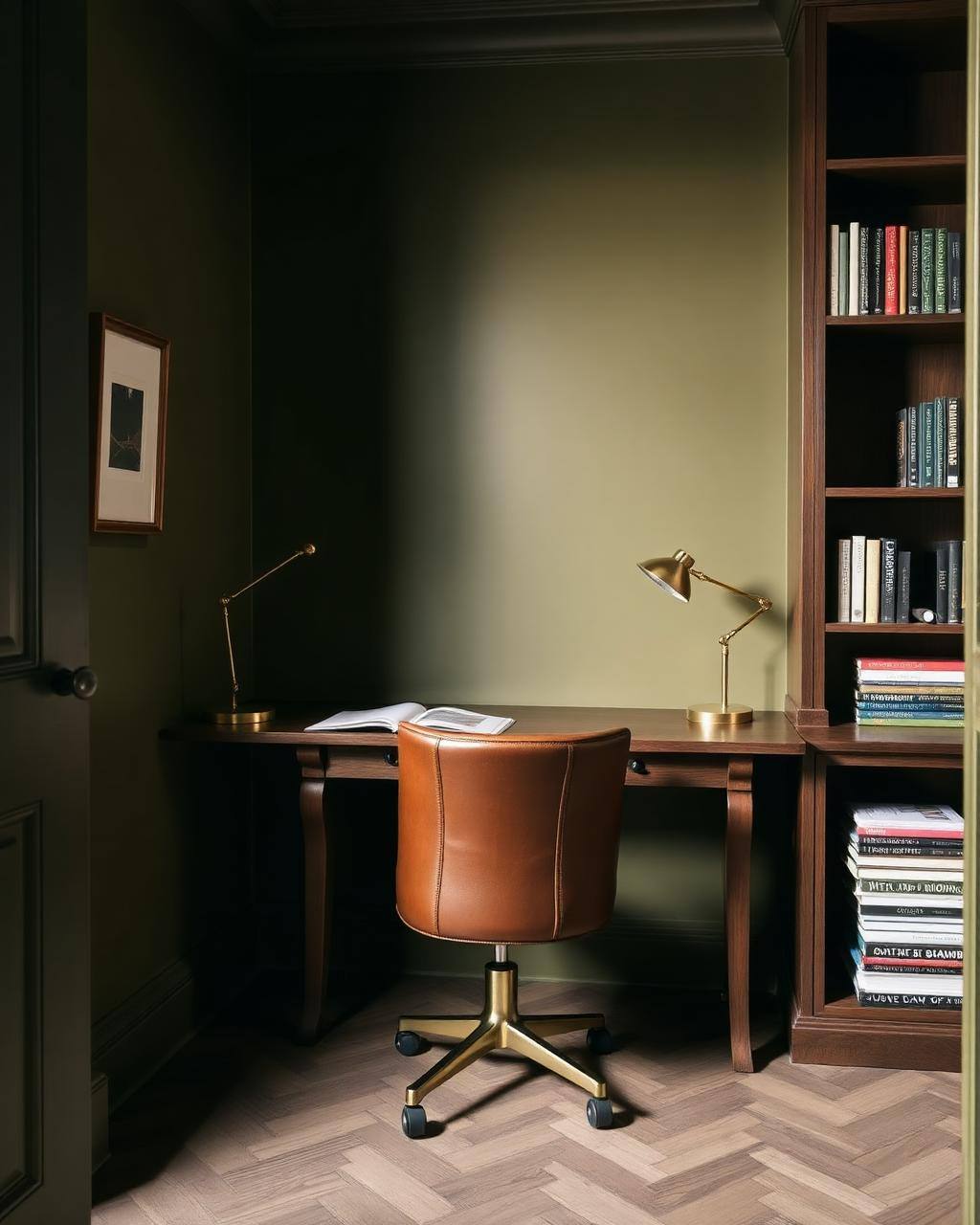Werkplek met maatwerkbureau in donker notenhout tegen een olijfgroene wand
