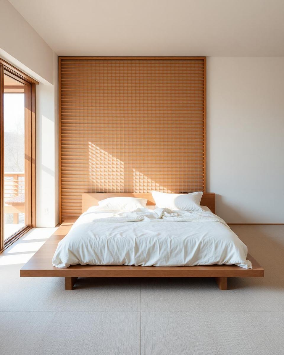 Slaapkamer met laag bedframe en houten lattenwand