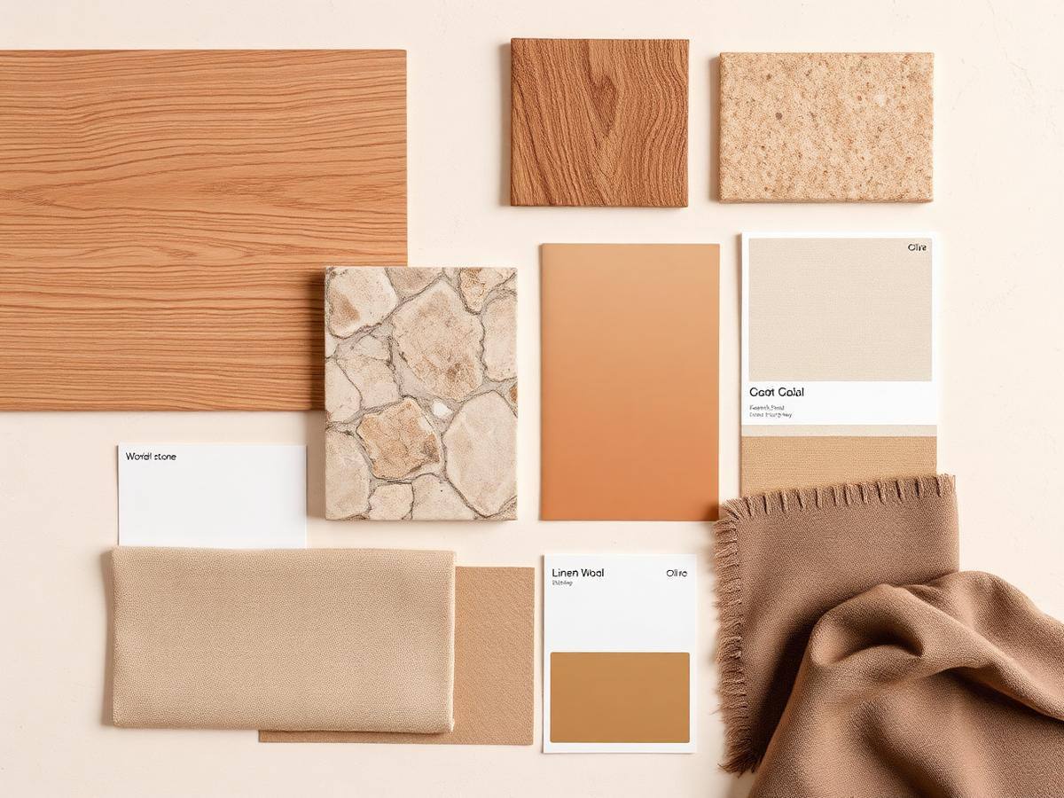 Materiaalsamples met eikenhout, natuursteen, linnen en wol op een warm off-white ondergrond