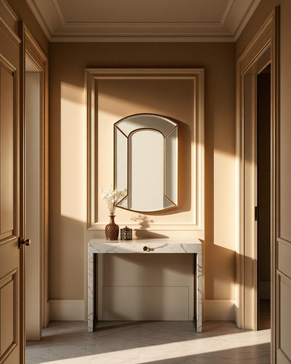 Hal met paneeldeuren, marmeren console en sculpturale spiegel