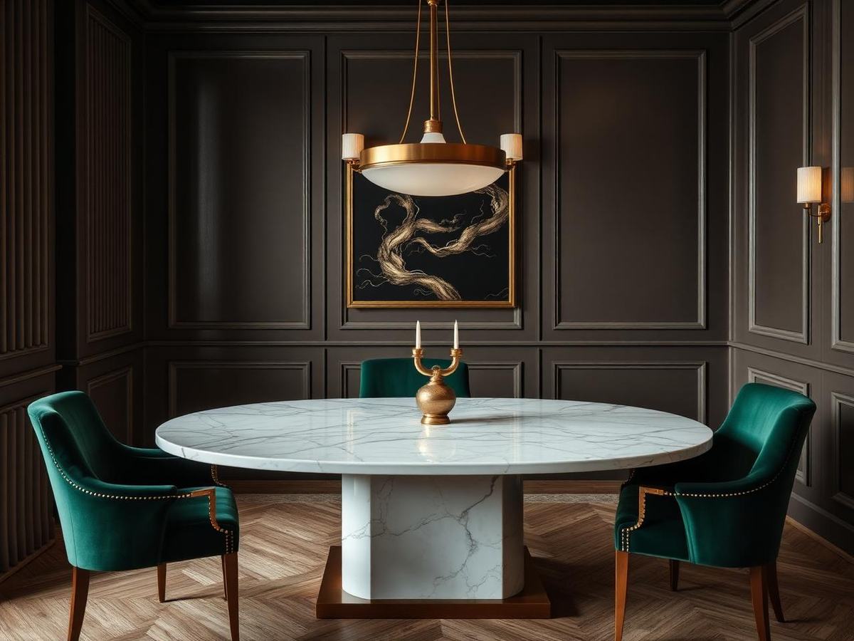 Eetkamer met wandpanelen, ovale marmeren tafel en groene velours stoelen