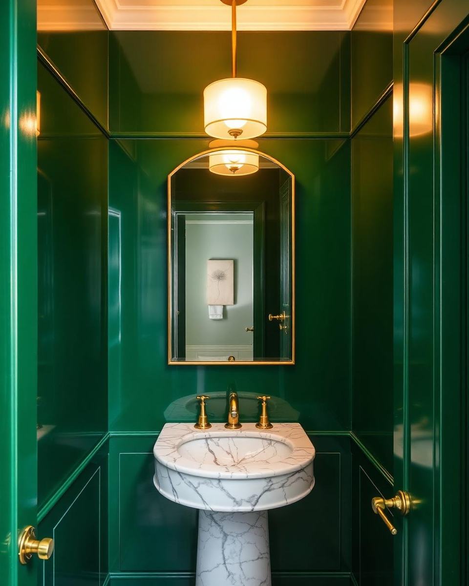 Toiletruimte met diepgroene lakwanden en messing kranen