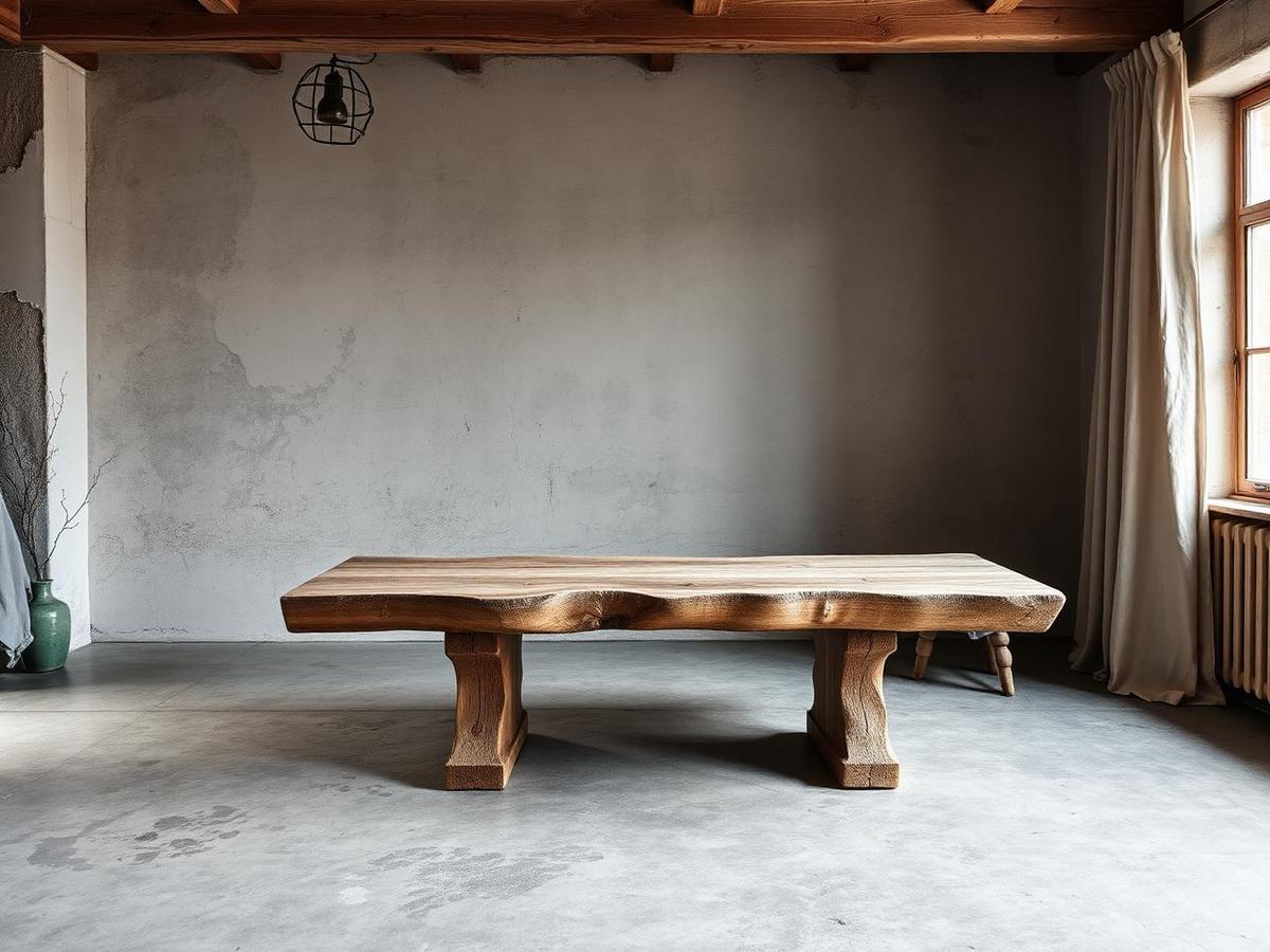 Loft met ruw stucwerk, betonvloer en zware houten tafel