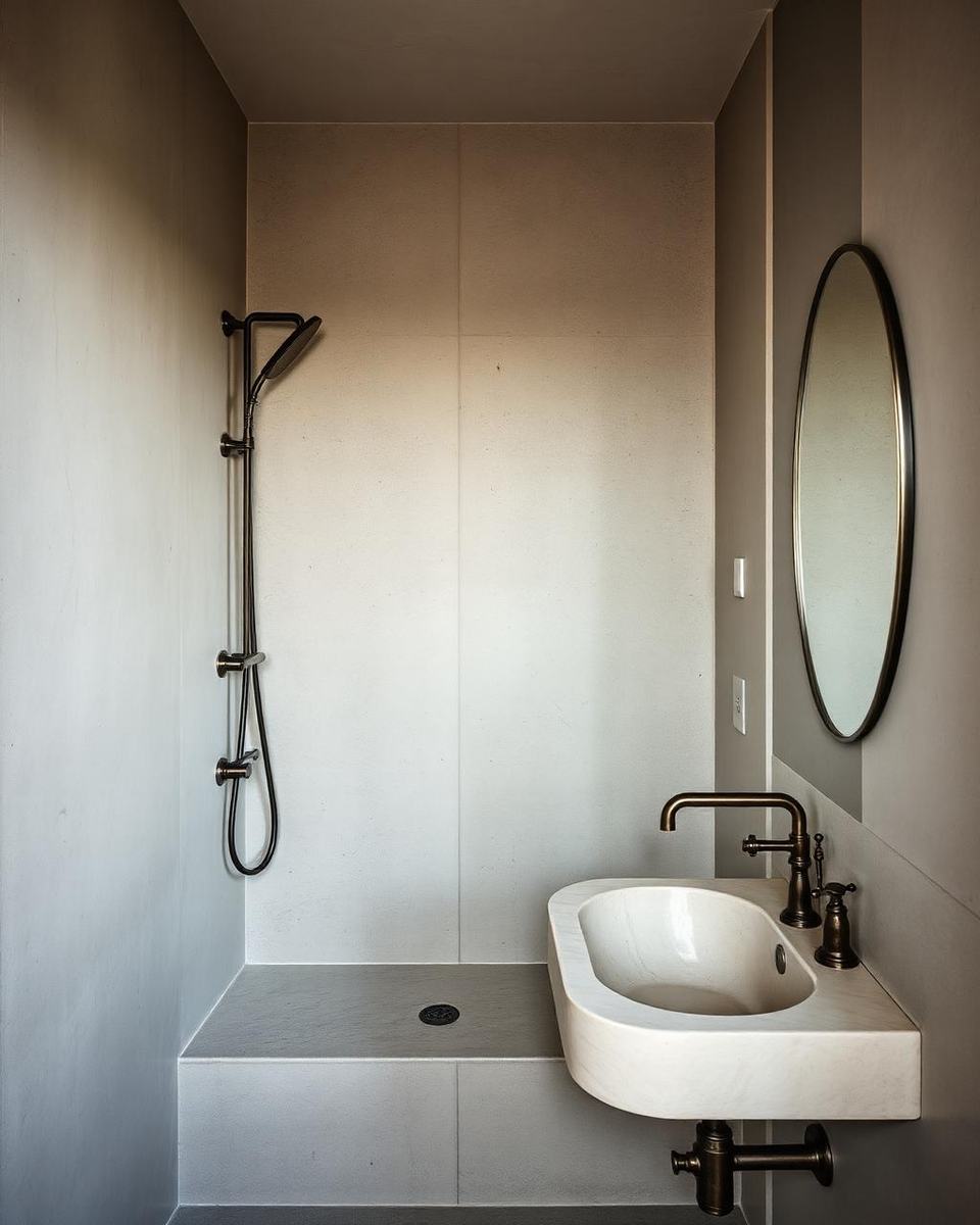 Badkamer met microcement, natuurstenen wastafel en bronzen kraan