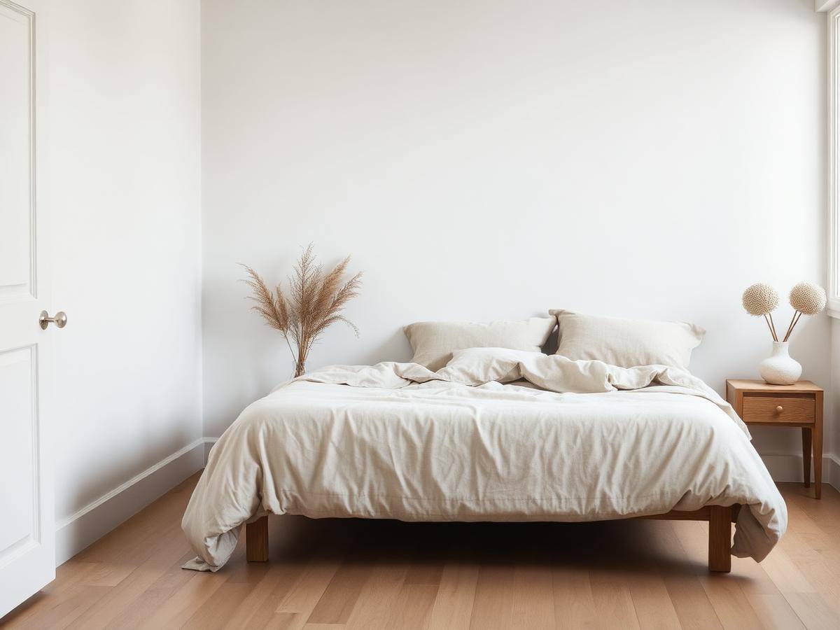 Rustige slaapkamer met linnen beddengoed in zandtinten en een eiken nachtkastje