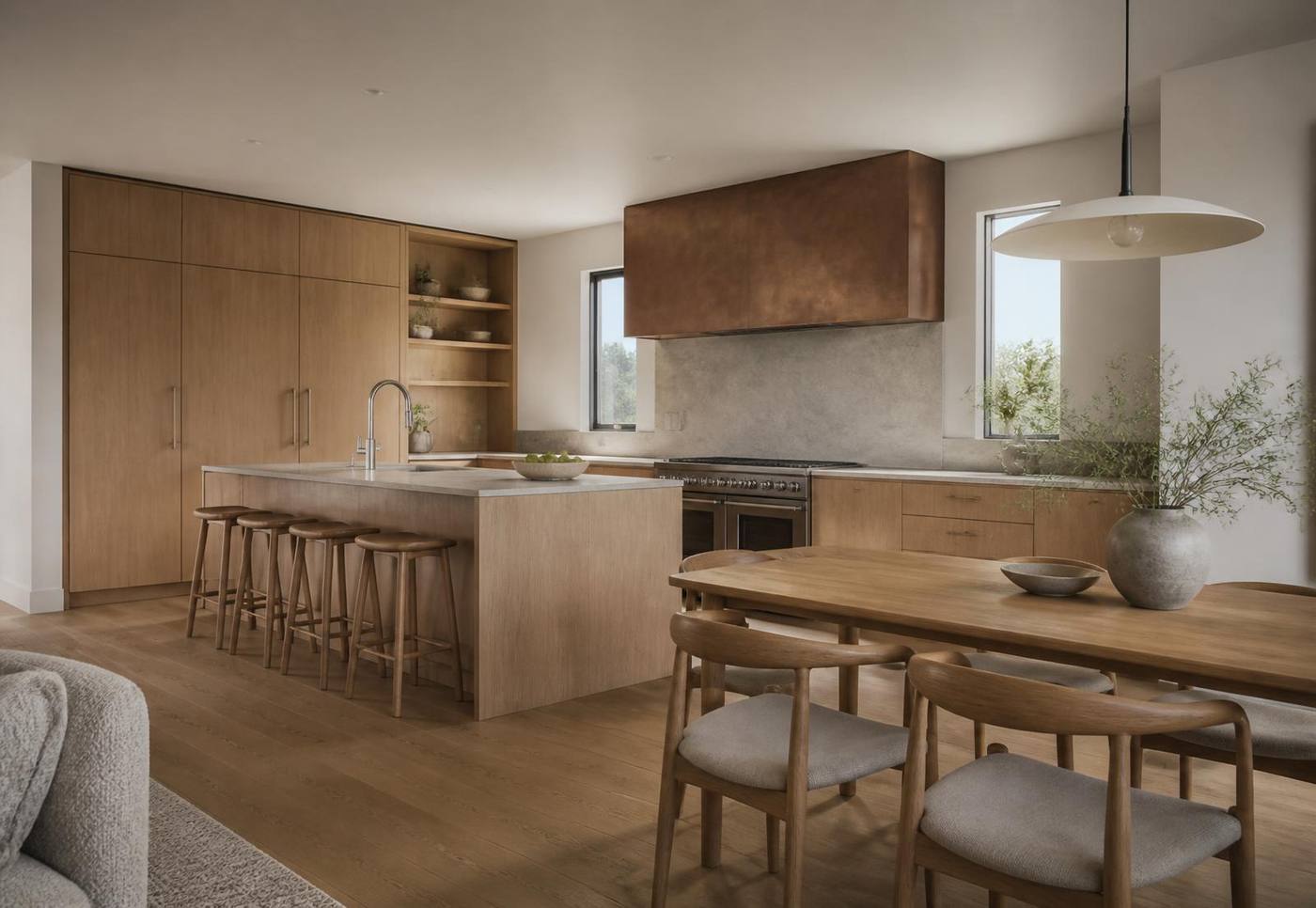 Fotorealistische 3D-render van een open keuken met eiken maatwerkkasten en natuurstenen werkblad