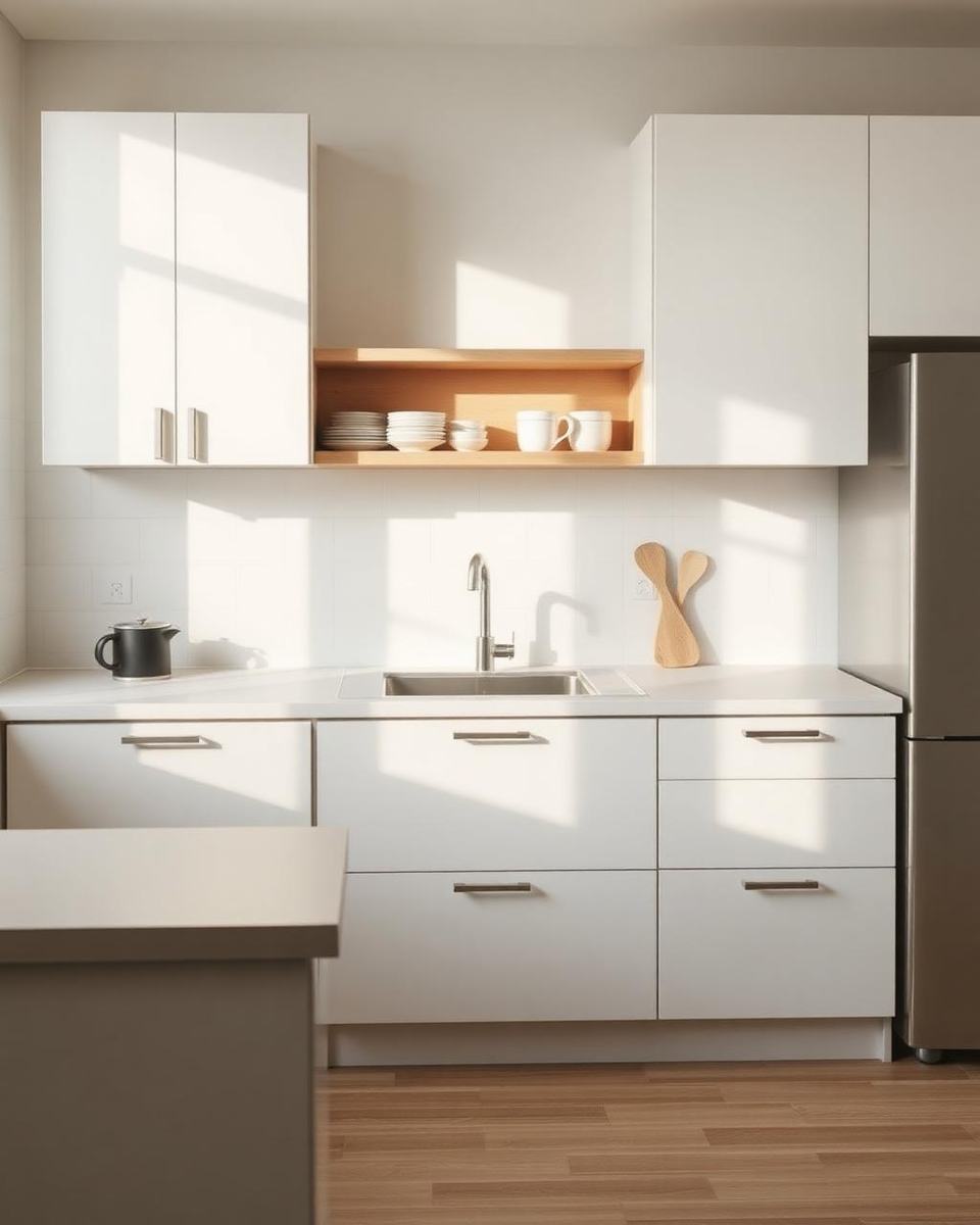 Keuken met matwitte fronten en licht houten schap