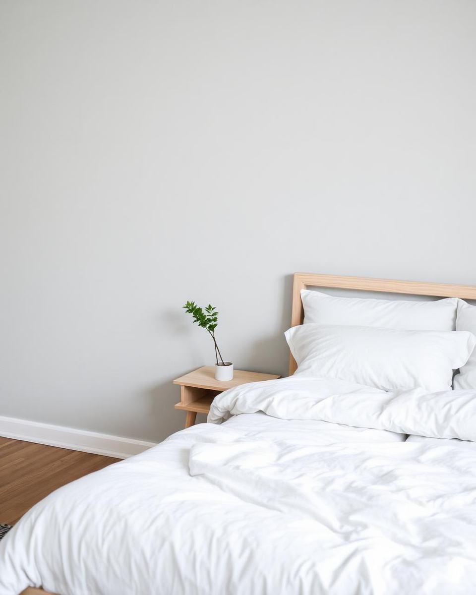 Slaapkamer met wit dekbed, licht houten bed en één plant