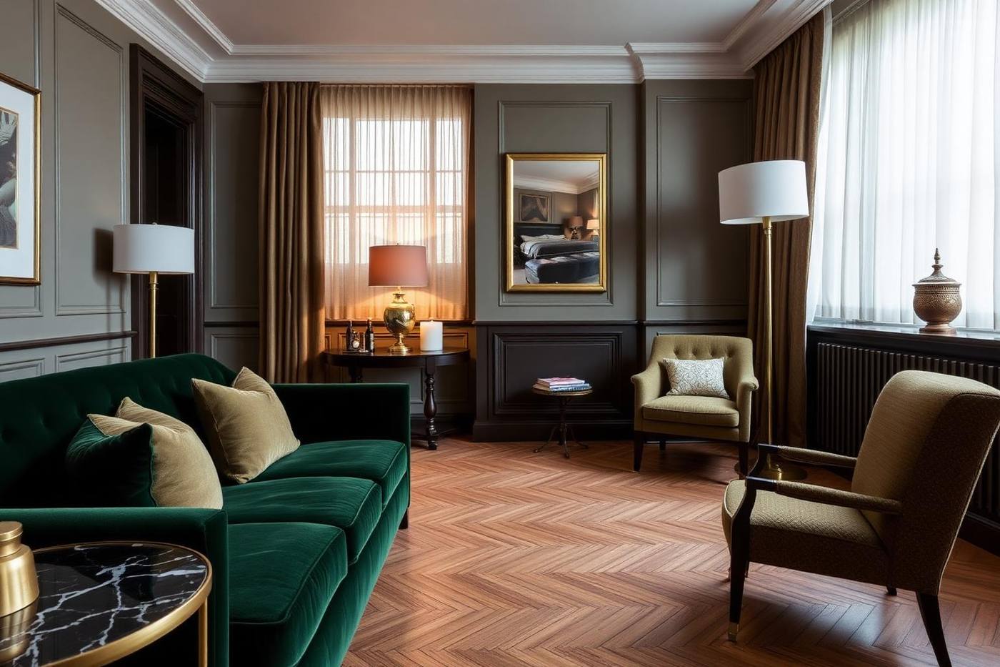 Woonkamer in hotel chique stijl met groenfluwelen bank, messing details en zwarte marmeren bijzettafel