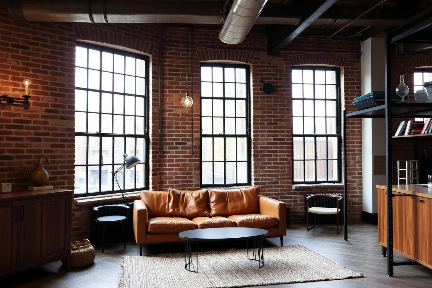 Loftwoonkamer in industrieel warme stijl met stalen ramen, bakstenen muur en cognac leren bank