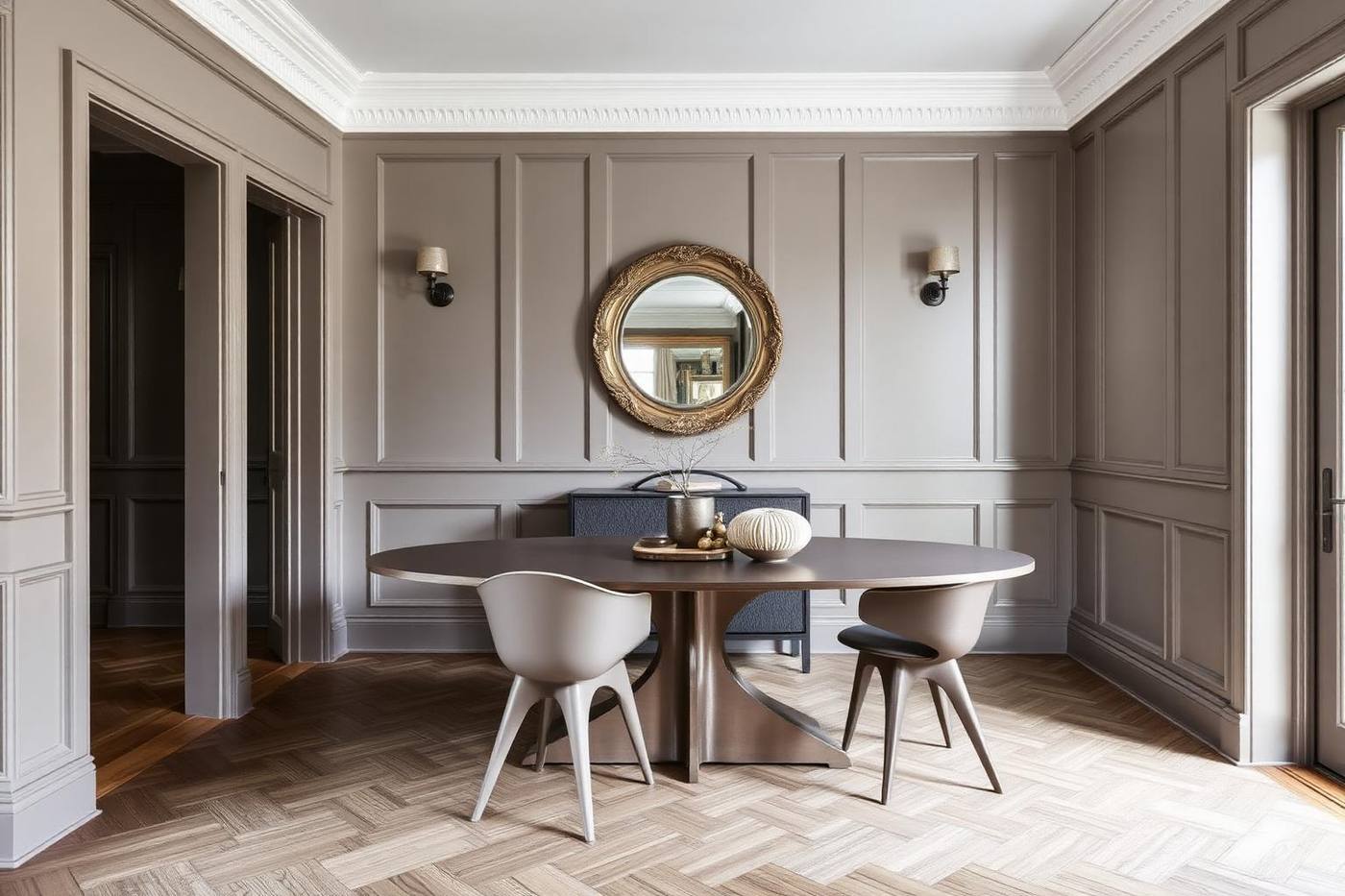 Eetkamer in modern klassieke stijl met greige wandpanelen, ovale tafel en sculpturale stoelen