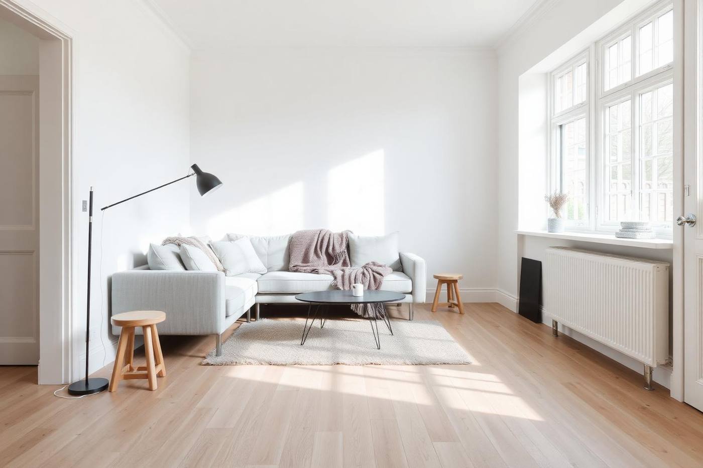 Lichte Scandinavisch moderne woonkamer met bleke eiken vloer, grijze bank en zwarte booglamp