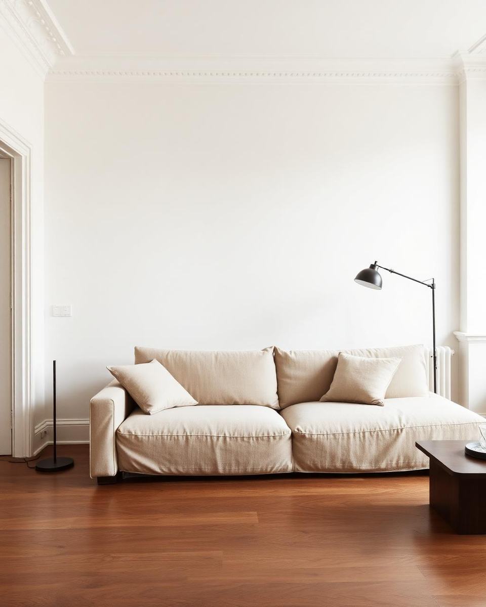 Woonkamer met lage linnen bank, kalkverf en één sculpturale vloerlamp