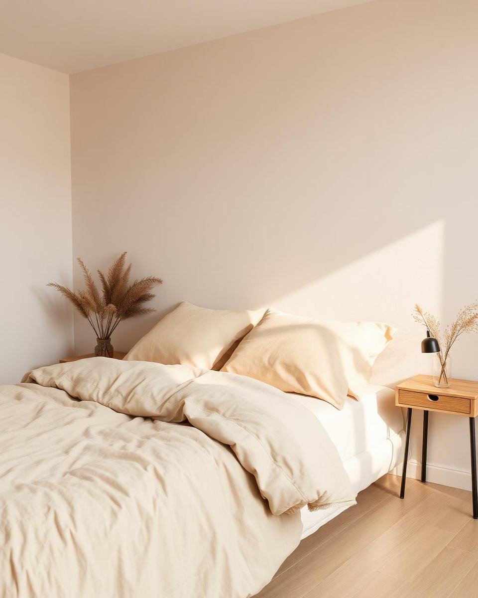 Slaapkamer met linnen beddengoed in havermouttinten